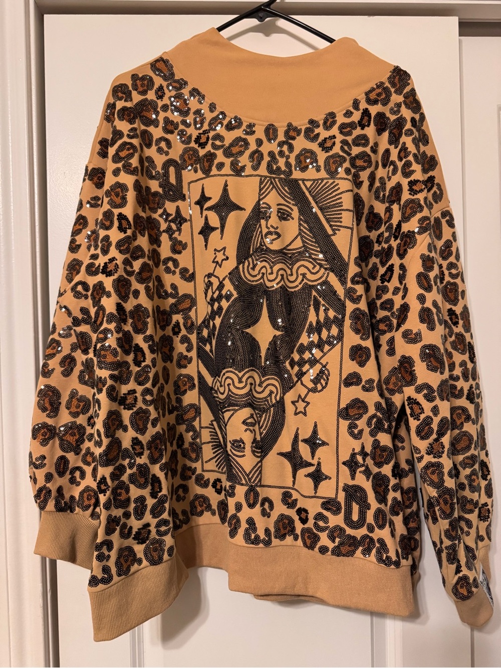 QUEEN OF SPARKLES Tan Leopard Sequin Crewneck Sweater
